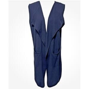 La Vie En Blanc Navy Blue Long Open Vest Pockets One Size Waterfall Lagenlook